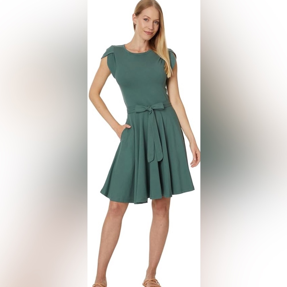 Pact Fit and Flare Petal Sleeve Dress - Sage green